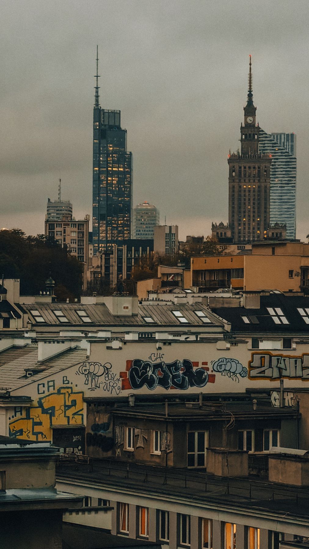 Les toits de Varsovie et le Palais de la culture sous un ciel gris